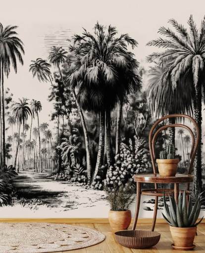 mural de papel pintado de jungla en blanco y negro para dormitorio