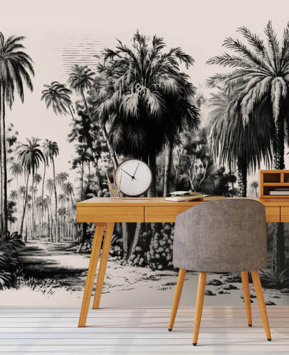 mural de papel de parede preto e branco da selva para quarto