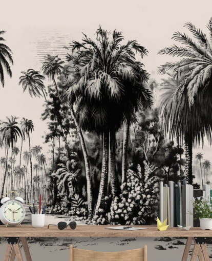 mural de papel de parede preto e branco da selva para quarto