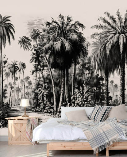 zwart-witte jungle behangmuurschildering voor slaapkamer