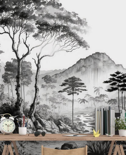 Elegante papel pintado de paisaje en monocromo