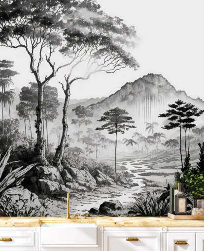 Elegante papel pintado de paisaje en monocromo Elegante papel pintado de paisaje en monocromo
