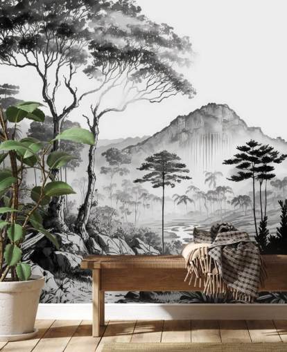 Papel de parede de paisagem elegante em monocromático Papel de parede de paisagem elegante em monocromático