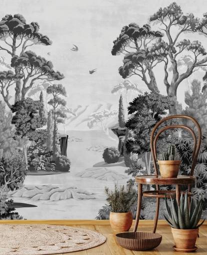 zwart-wit junglelandschap behang muurschildering zwart-wit junglelandschap behang muurschildering