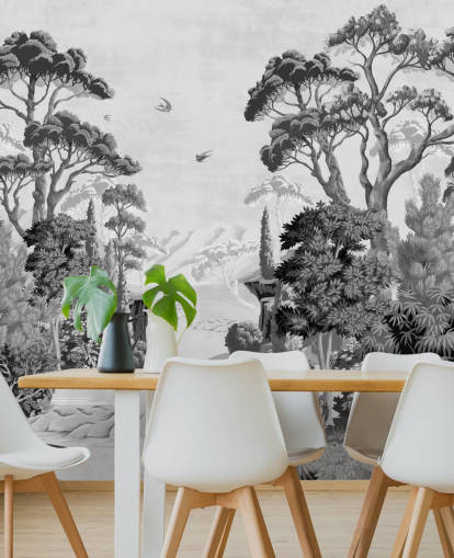 zwart-wit junglelandschap behang muurschildering zwart-wit junglelandschap behang muurschildering