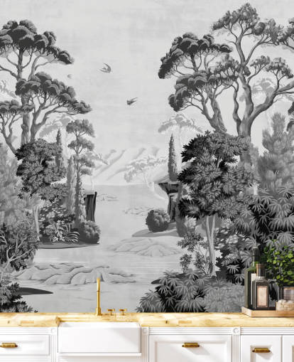 mural de pared monocromático de paisaje selvático