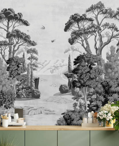 monochrome jungle landscape wallpaper wall mural