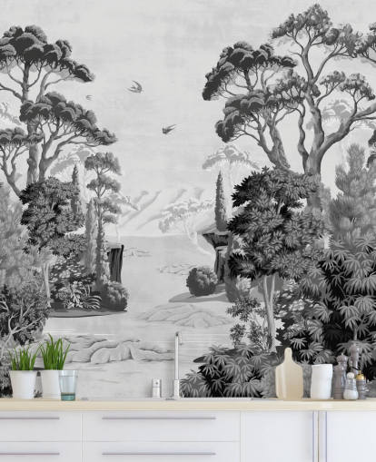 monochrome jungle landscape wallpaper wall mural