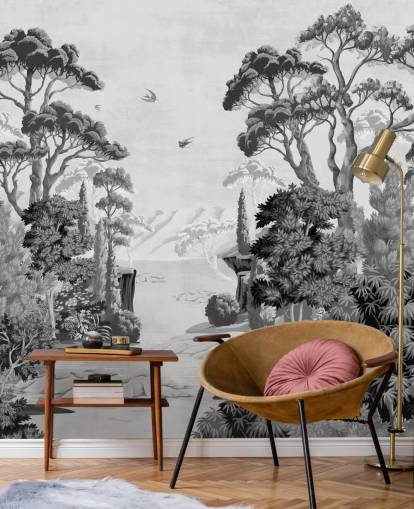 mural de pared monocromático de paisaje selvático