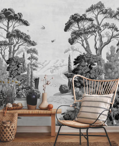 zwart-wit junglelandschap behang muurschildering zwart-wit junglelandschap behang muurschildering