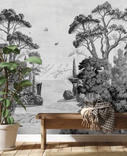 monochrome jungle landscape wallpaper wall mural
