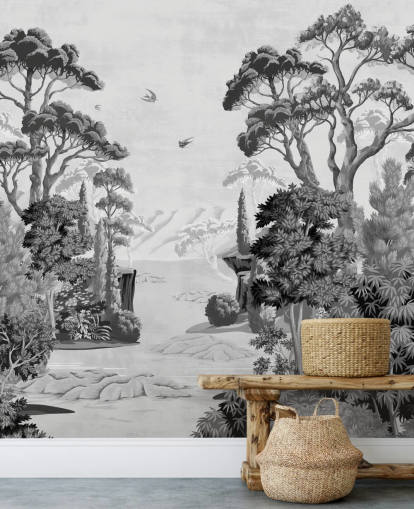monochrome jungle landscape wallpaper wall mural