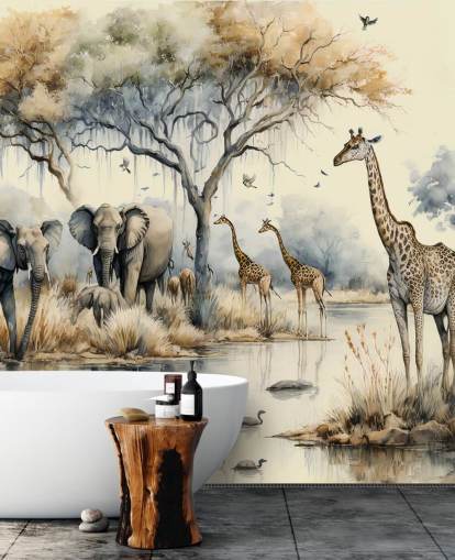 Fotobehang Illustratie van olifanten en giraffen op Safari