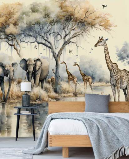 Fotobehang Illustratie van olifanten en giraffen op Safari