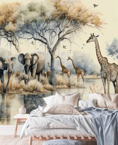 Illustration av elefanter och giraffer på Safari väggmålning Illustration av elefanter och giraffer på Safari väggmålning