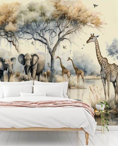 Ilustração de elefantes e girafas no mural de parede do Safari Ilustração de elefantes e girafas no mural de parede do Safari