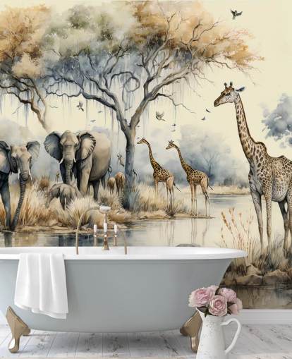 Abbildung von Elefanten und Giraffen auf Safari-Wandgemälde