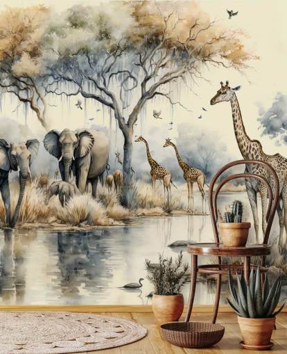 Abbildung von Elefanten und Giraffen auf Safari-Wandgemälde