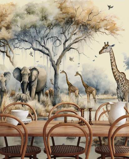 Illustration of Elephants and Giraffes on Safari wall mural
