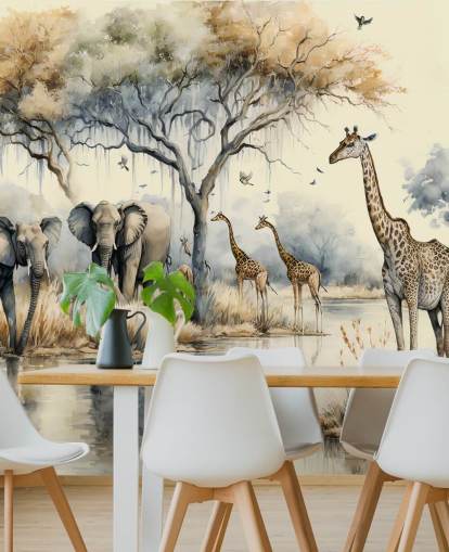 Fotobehang Illustratie van olifanten en giraffen op Safari