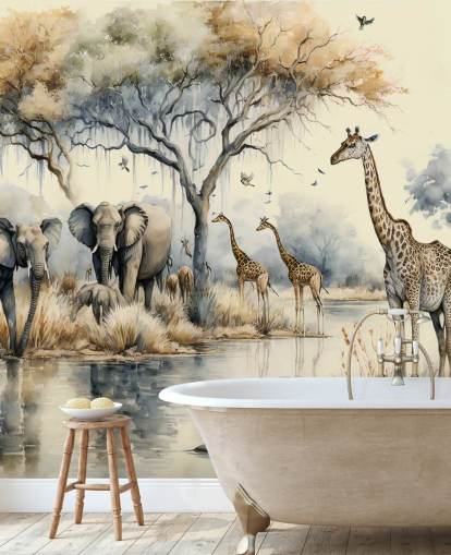 Poster in Cornice Illustrazione di elefanti e giraffe su Safari Poster in Cornice Illustrazione di elefanti e giraffe su Safari