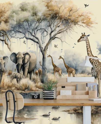 Ilustración de elefantes y jirafas en el mural de pared de Safari