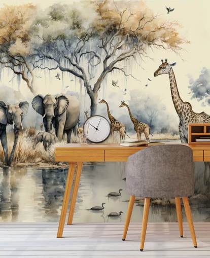 Ilustração de elefantes e girafas no mural de parede do Safari