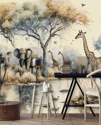 Abbildung von Elefanten und Giraffen auf Safari-Wandgemälde