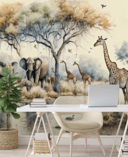 Poster mural Illustration d'éléphants et de girafes sur Safari
