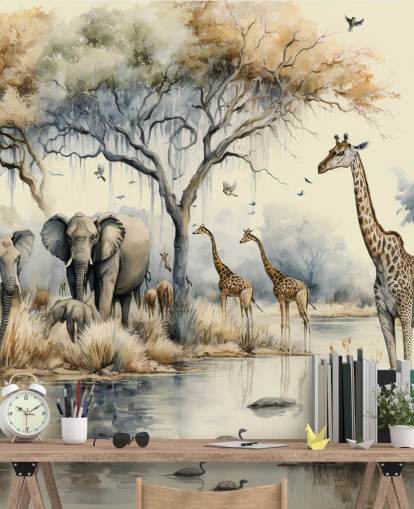Illustration of Elephants and Giraffes on Safari wall mural Illustration of Elephants and Giraffes on Safari wall mural