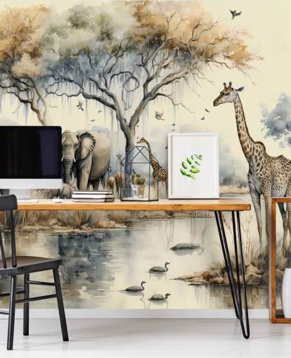 Illustration av elefanter och giraffer på Safari väggmålning