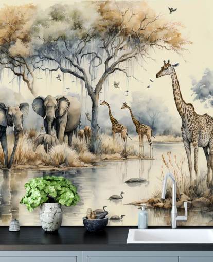 Poster in Cornice Illustrazione di elefanti e giraffe su Safari Poster in Cornice Illustrazione di elefanti e giraffe su Safari