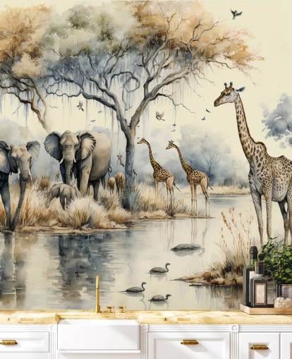 Ilustración de elefantes y jirafas en el mural de pared de Safari