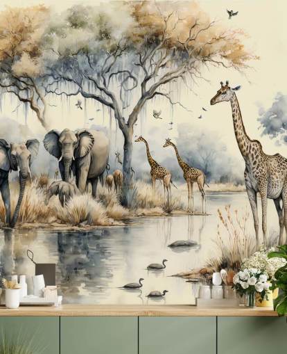 Illustration av elefanter och giraffer på Safari väggmålning