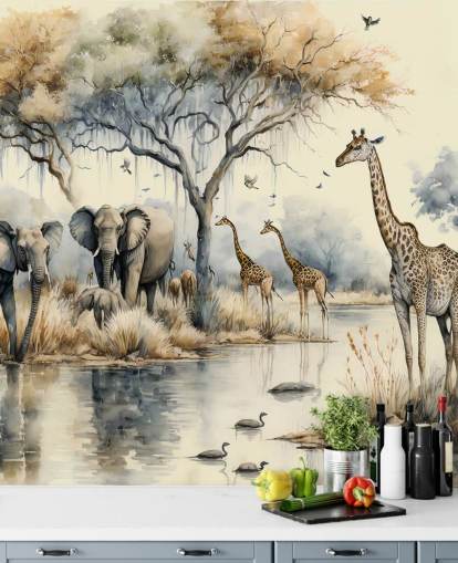 Illustrasjon av elefanter og sjiraffer på Safari veggmaleri Illustrasjon av elefanter og sjiraffer på Safari veggmaleri