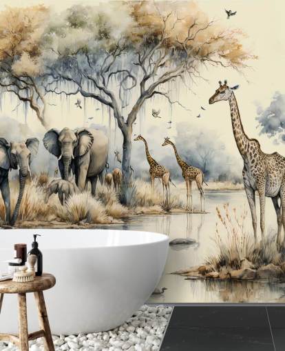 Abbildung von Elefanten und Giraffen auf Safari-Wandgemälde