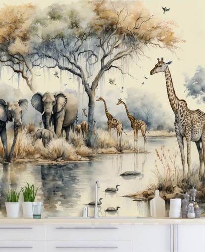 Poster mural Illustration d'éléphants et de girafes sur Safari