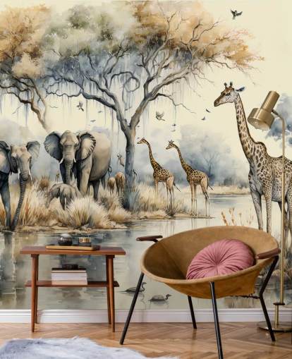 Ilustração de elefantes e girafas no mural de parede do Safari