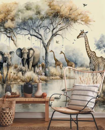 Abbildung von Elefanten und Giraffen auf Safari-Wandgemälde
