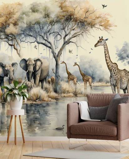 Ilustración de elefantes y jirafas en el mural de pared de Safari