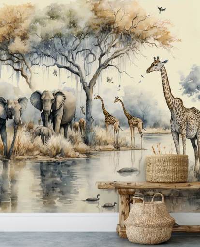 Ilustración de elefantes y jirafas en el mural de pared de Safari