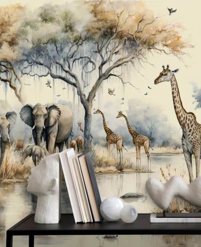 Illustration of Elephants and Giraffes on Safari wall mural