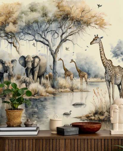 Ilustración de elefantes y jirafas en el mural de pared de Safari Ilustración de elefantes y jirafas en el mural de pared de Safari