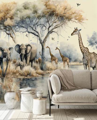 Poster mural Illustration d'éléphants et de girafes sur Safari