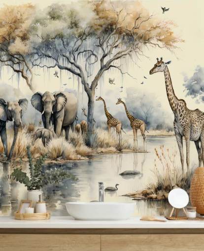 Abbildung von Elefanten und Giraffen auf Safari-Wandgemälde