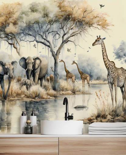 Illustration of Elephants and Giraffes on Safari wall mural