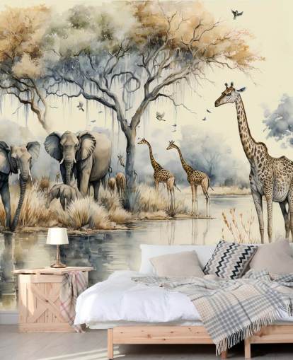 Poster mural Illustration d'éléphants et de girafes sur Safari