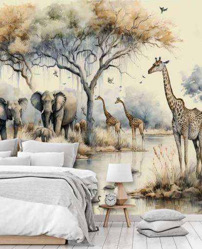 Poster mural Illustration d'éléphants et de girafes sur Safari