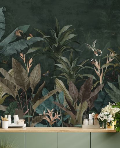 Mural de papel pintado de selva frondosa oscura