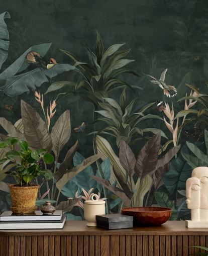 Mural de papel pintado de selva frondosa oscura